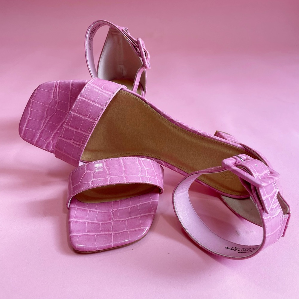 Pink ankle strap heels. Faux crocodile leather